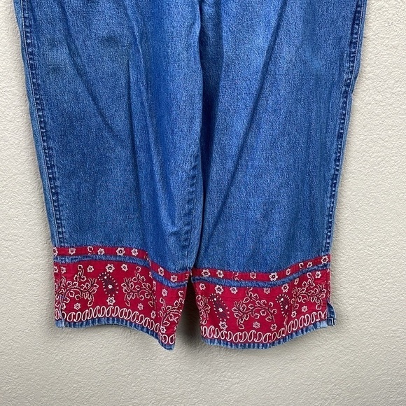 Vintage Agapo Cropped Denim Overalls Red Paisley Bandana Trim Ranch Western Sz M - Picture 3 of 9
